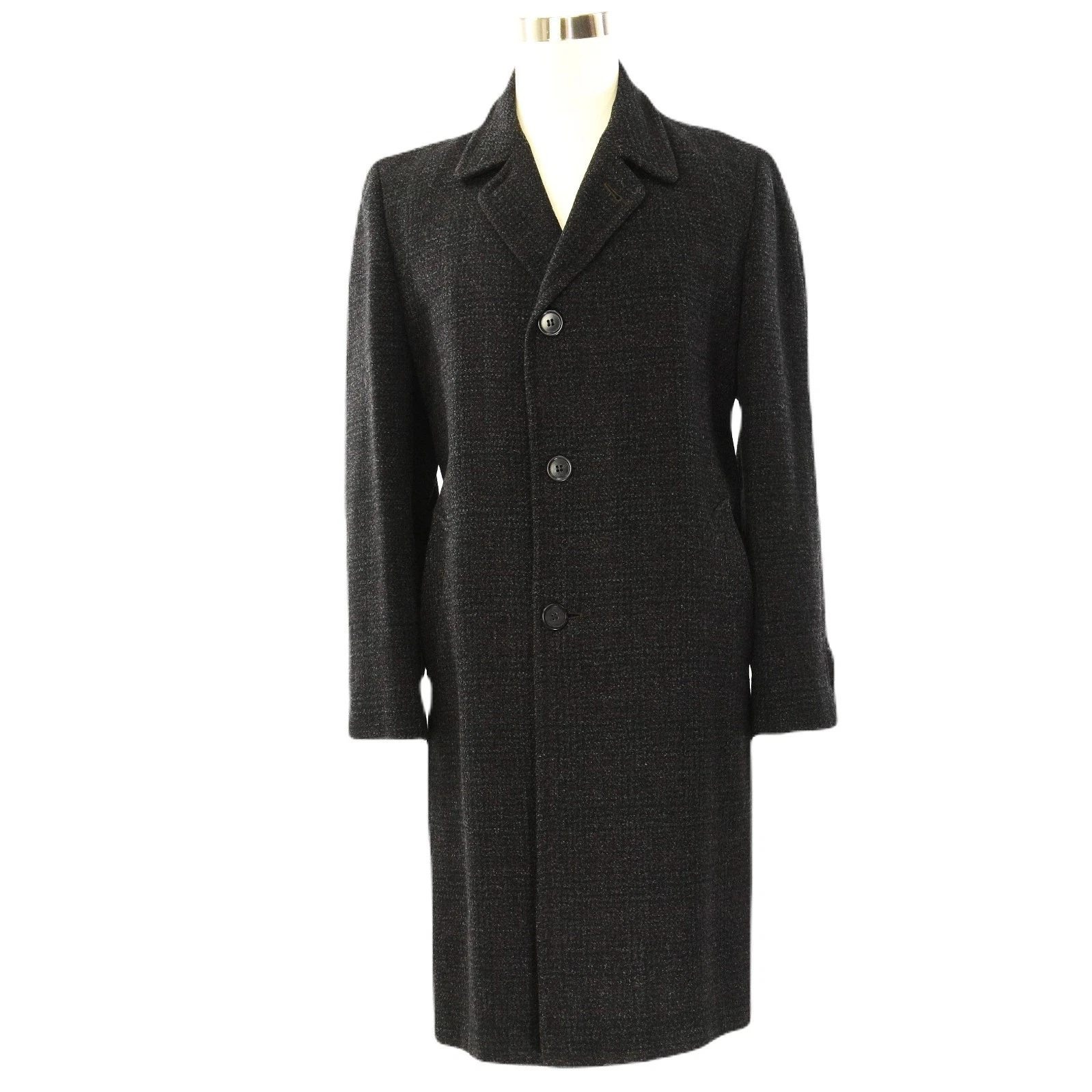 60s Vintage Mens L Plaid Wool Top Coat Glenplaid Charcoal Gray Red Long Dressy
